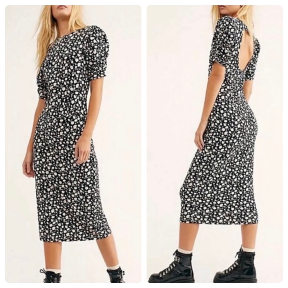 Free People Rosie Knit MIDI Dress in Black Floral Combo XS